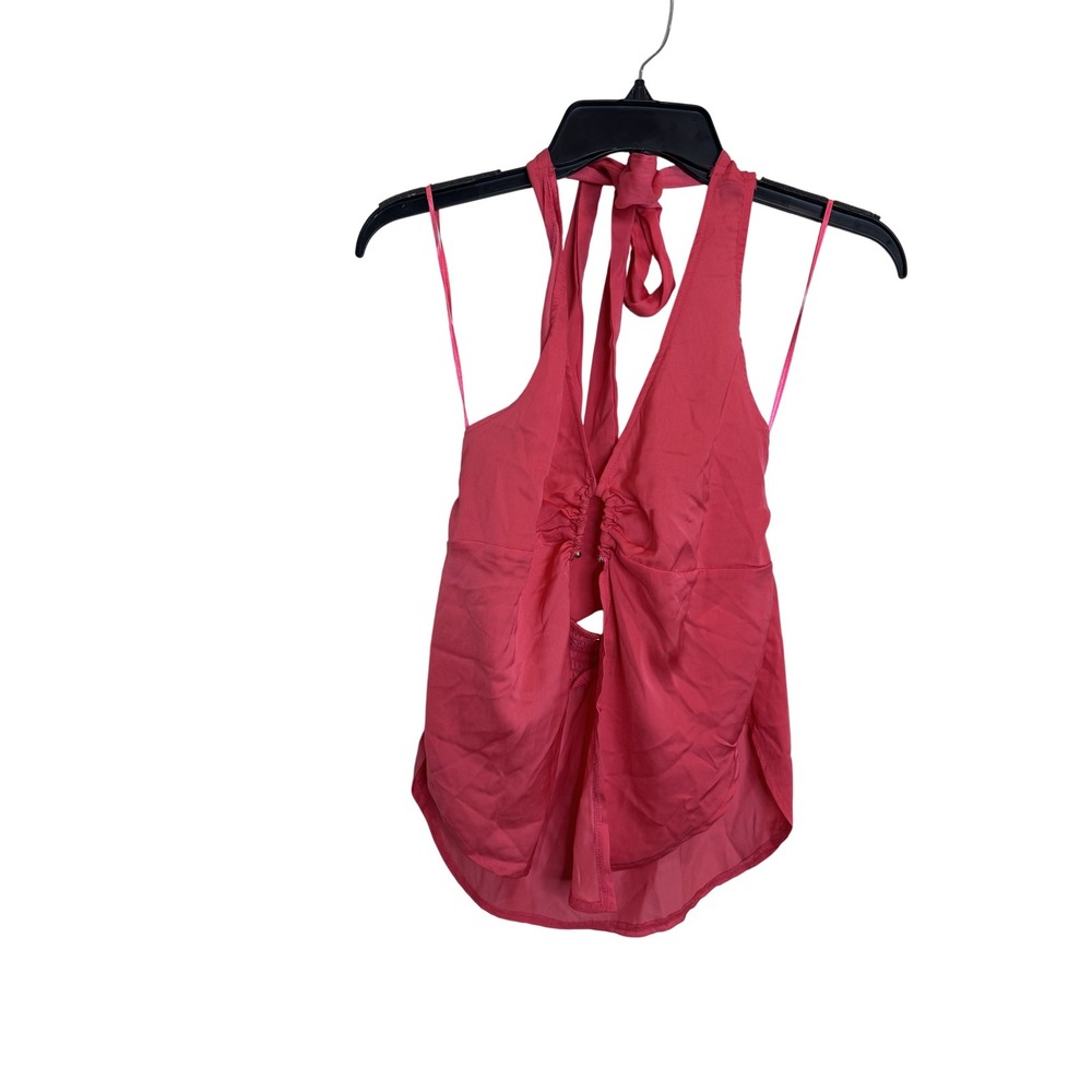 Free People Top Womens Small‎ Pink Halter Open Back Sheer Ruched Tie Boho Summer